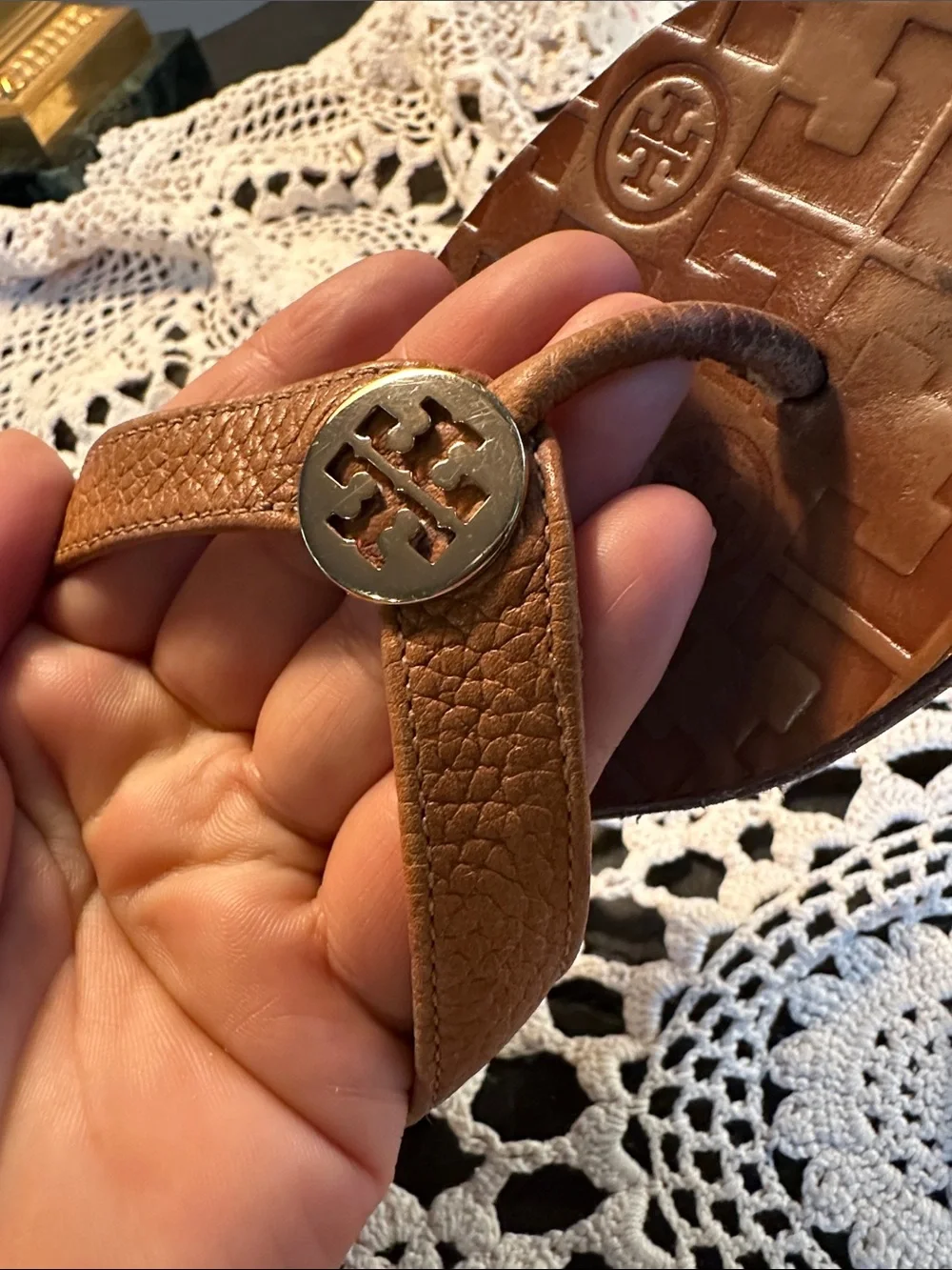 Tory Burch Brown Leather Logo Thong Sandals
